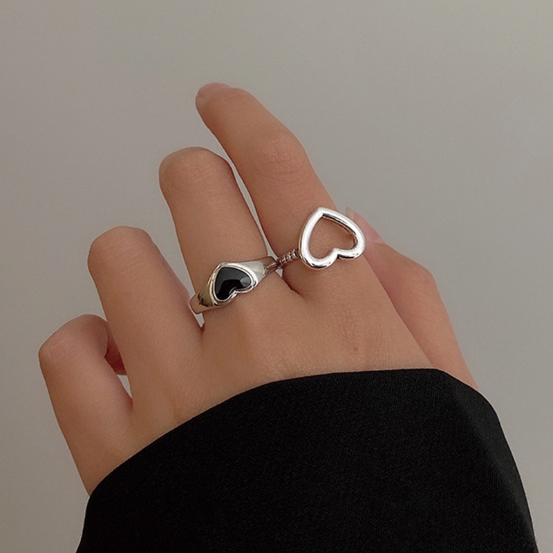 AY(CN) Set Cincin Desain Butterfly Moon Heart Aksen Permata Hitam Warna Silver Gaya Retro Untuk Wanita