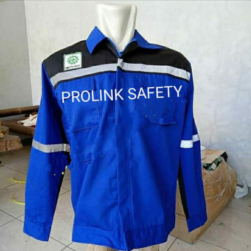 BAJU SAFETY SERAGAM ATASAN BIRU HITAM RESLETING FREE LOGO K3 BENDERA KAIN DRILL WEARPACK