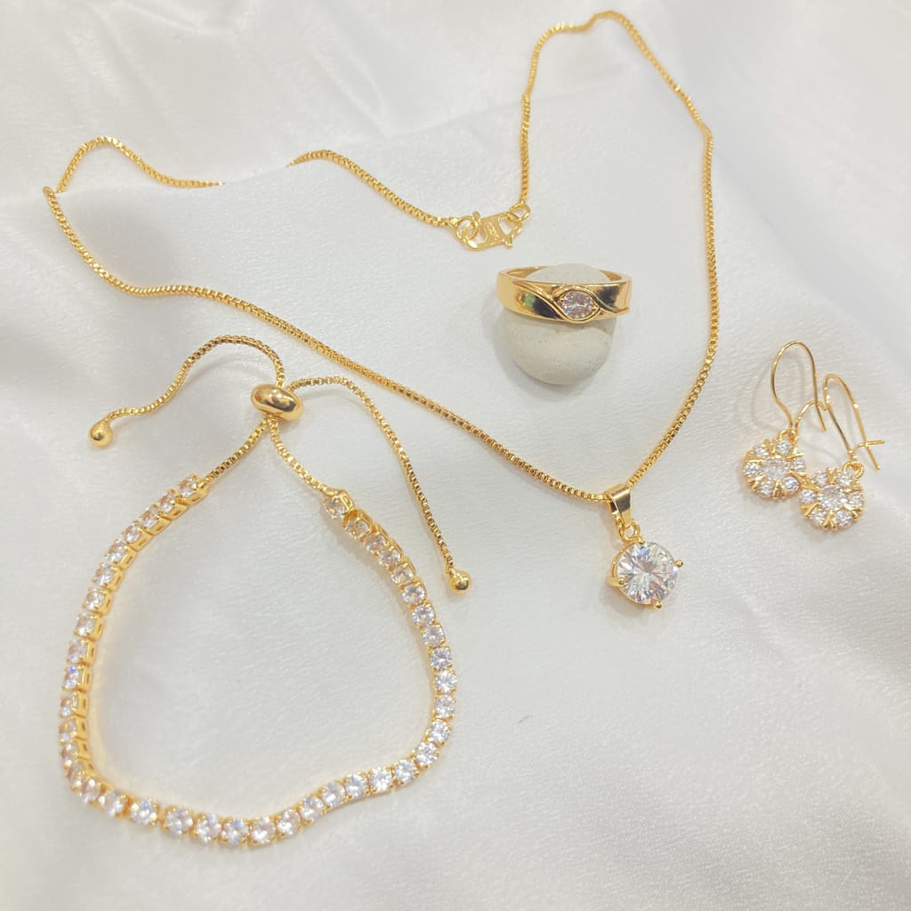 Set Perhiasan Mata Satu Wanita Dewasa Aksesoris Lapis Emas Xuping Kalung Anting Cincin Gelang Serut