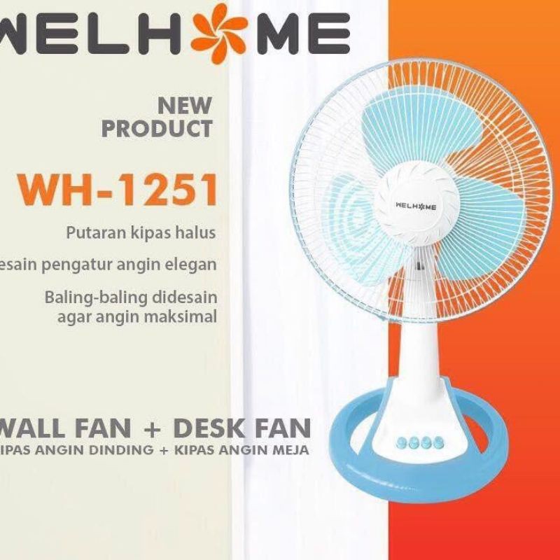 Kipas Angin 2 In 1 Welhome WH-1251 Desk Fan &amp; Wall Fan