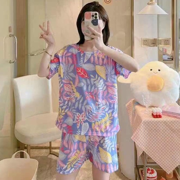 Piyama Baju Tidur Import Wanita Fashion Sleepwear Spandex Stelan Rumah Baju Santai Celana Pendek z-HP-Leaf Lilac