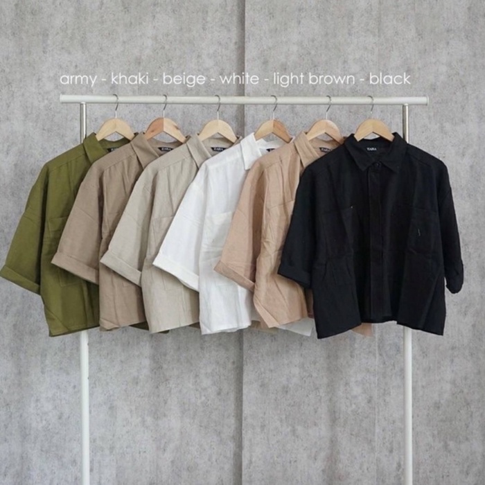 HOPYLOVY Atasan Kemeja Crofter Wanita Bahan Linen Lengan Oversize 3/4 Elea