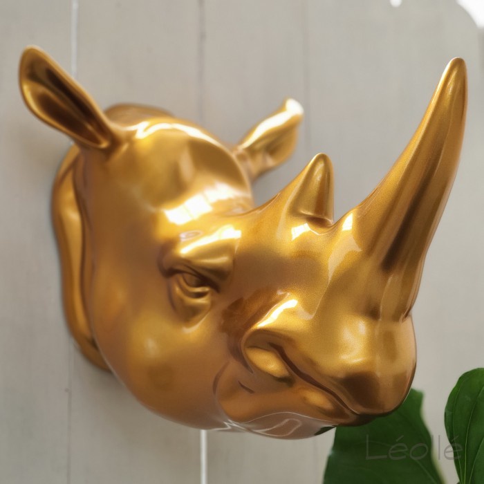 Leolle Hiasan Dinding | Patung Pajangan Fengshui Kepala Badak Rhino Emas
