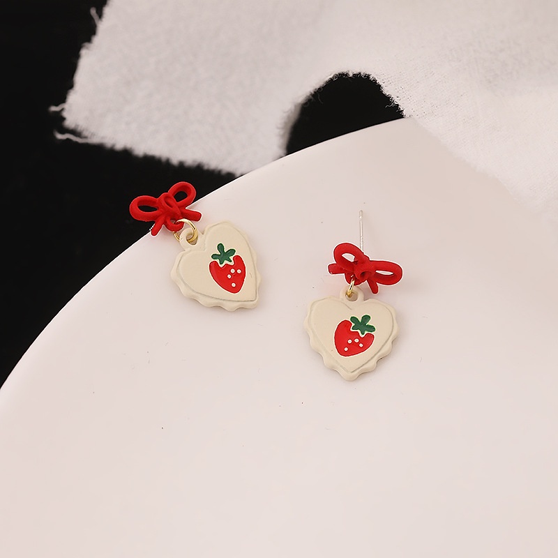 Sterling silver jarum cute Korea menyegarkan love strawberry busur manis anting-anting stud anting-a