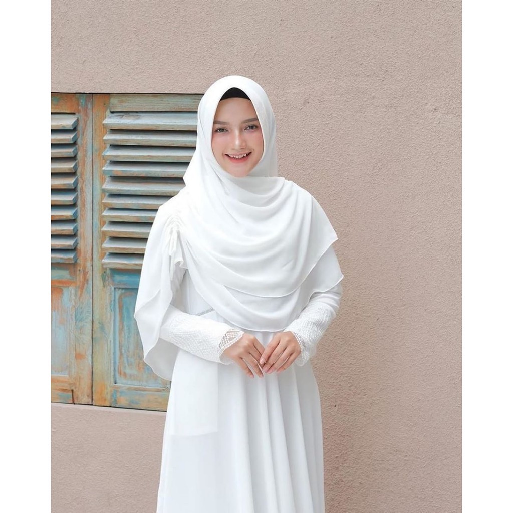 Syahla Dress Syar'i + Khimar Baju Gamis Wanita Muslimah / Kaftan Gamis Lebaran Warna Putih