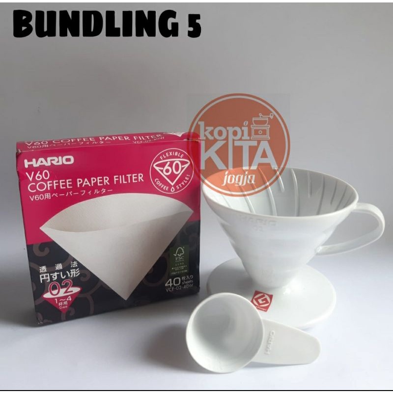 bundling 5 v60 dripper 02 putih jepang dan paper isi 40