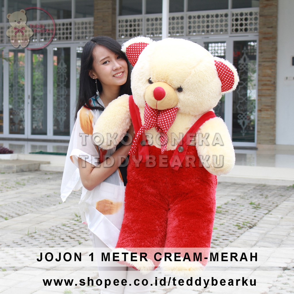 TEDDY BEAR JUMBO 1 METER POLKADOT JOJON LUCU SUPER LANGKA CREAM-MERAH