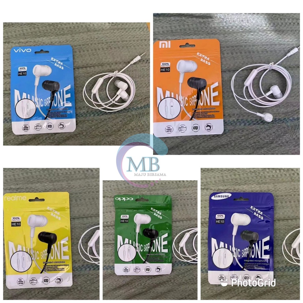 Hf Headset earphone headsfree brand HE10 extra BASS oppo Samsung vivo xiaomi realme + MIC bisa telepon an suaranya mantap MB3870