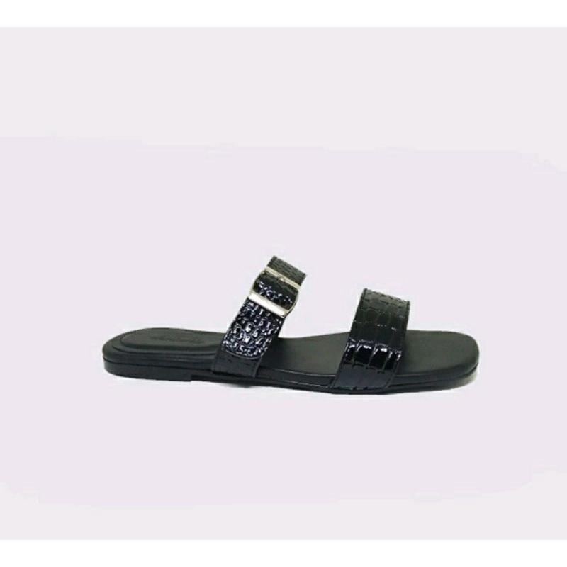 Sandal Crocoo Wanita QeisBlack Big Size 41-42-43-44-45 Size JUMBO Sendal Teplek Cantik Kulit Buaya Hitam, 42