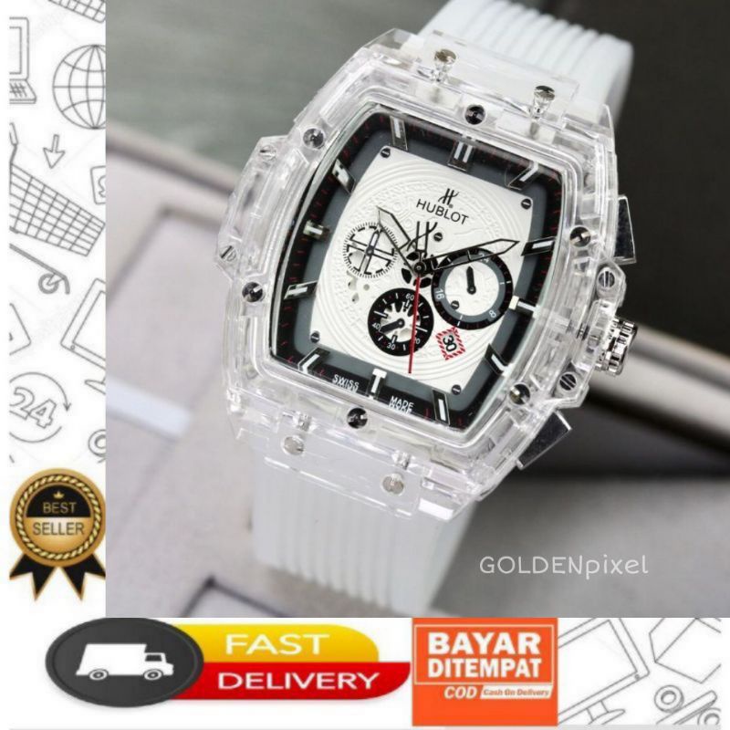 JAM TANGAN PRIA HABLOUT TRANSPARAN RUBBER TANGGAL AKTIF GOLDENpixel