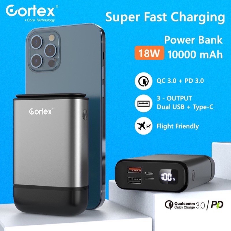Powerbank Cortex 10000mAh 18W Super Fast Charging QC3.0+PD3.0/Type-c + 2USB 3 output Power Bank mini