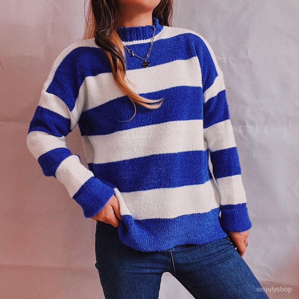 #Sisjuly# Wanita Kasual Tebal Bergaris Warna Permen Crew Neck Lengan Panjang Sweater Rajut Pullover