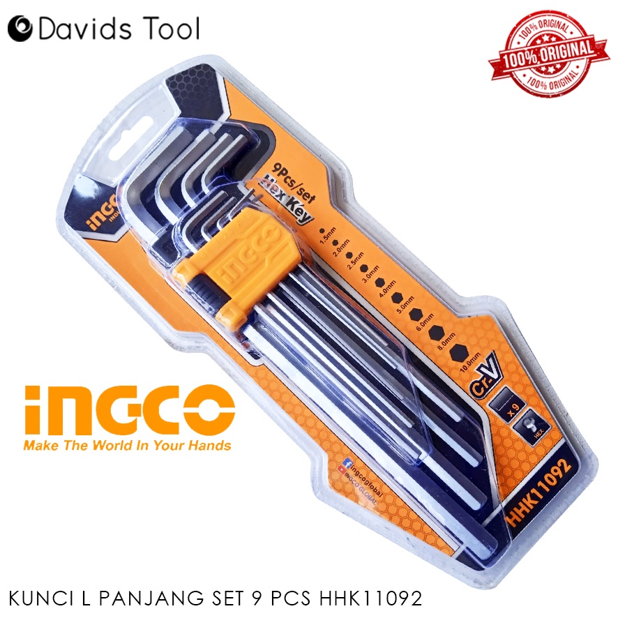 Kunci L Panjang Set Crv Hexagonal 9 Pcs Ingco HK11092