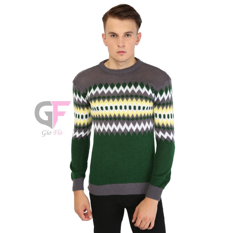 GIOFLO Cardigan Panjang Sweater Motif Tribal Hijau Abu / SWE 1073