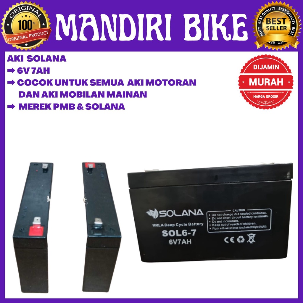 Aki battery mainan anak mobil mobilan 6v 7ah kering merek pmb x SOLANA 6V-7Ah