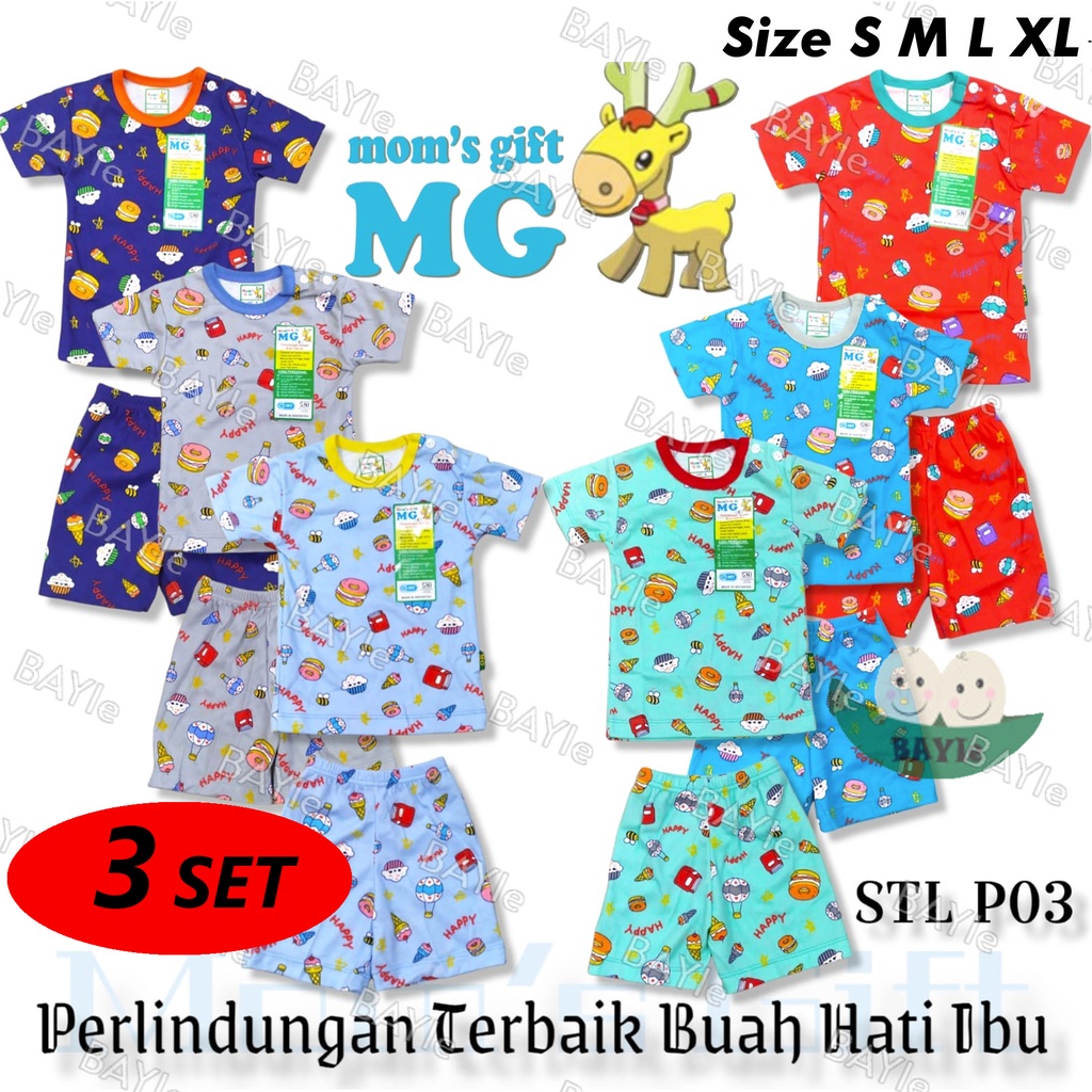 BAYIe - 3 SET Setelan Pendek Anak/Bayi FULL PRINT Motif CAKE STL-P03 MOM'S GIFT SNI Bahan 100% Katun DK PREMIUM Size S - XL