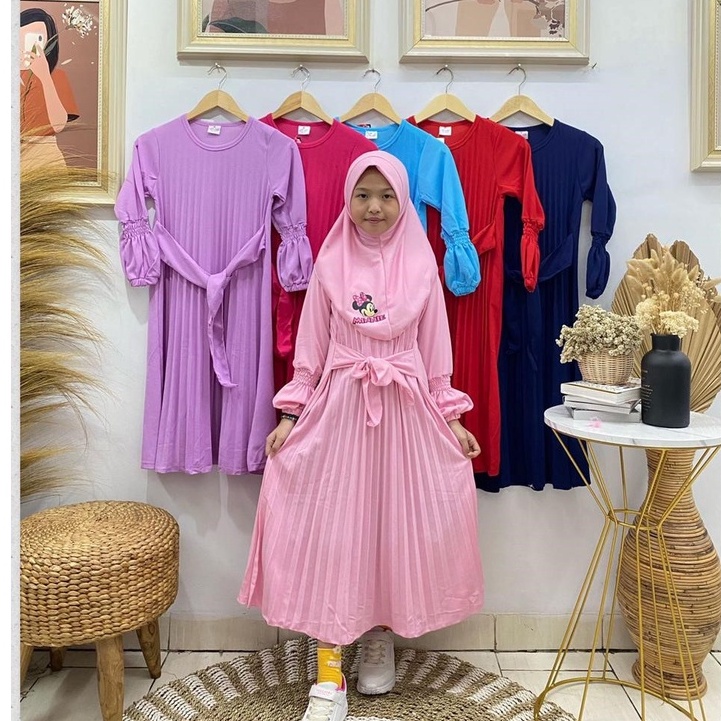 Gamis anak perempuan model plisket motif minnie bahan voxy premium merk latin (2-7 thn)