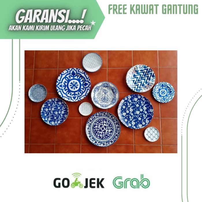 PIRING MAKAN KERAMIK HIASAN PAJANGAN DINDING WALLDECOR SET WARNA BIRU KOMBINASI PAKET 11 Pcs