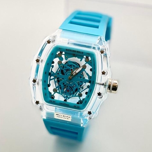 BEST SELLER JAM TANGAN PRIA RM TRANSPARAN V80 TALI RUBBER CHRONO OFF DM 4.2CM FREE BOX &amp; BATERAI || JAM TANGAN FASHION PRIA JAM TANGAN COWOK MURAH