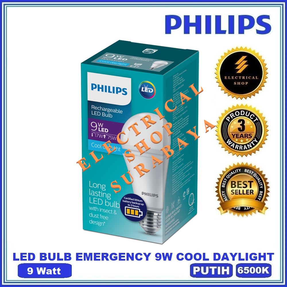 Philips Emergency Lampu Led Bulb 9W 9 Watt Putih (Grosir) Rechargeable Battery Emergensi Cas Charge