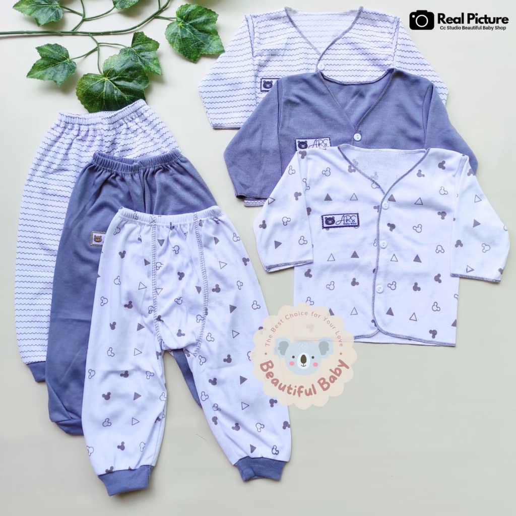 Baby.ou - 3 Stel Setelan Baju Bayi Baru Lahir Tangan Panjang Celana Panjang Usia 0 sd 3 Bulan Motif ABU SERIES - Setelan Baju Bayi Newborn Panjang Abu - Celana Panjang Bayi Baru Lahir