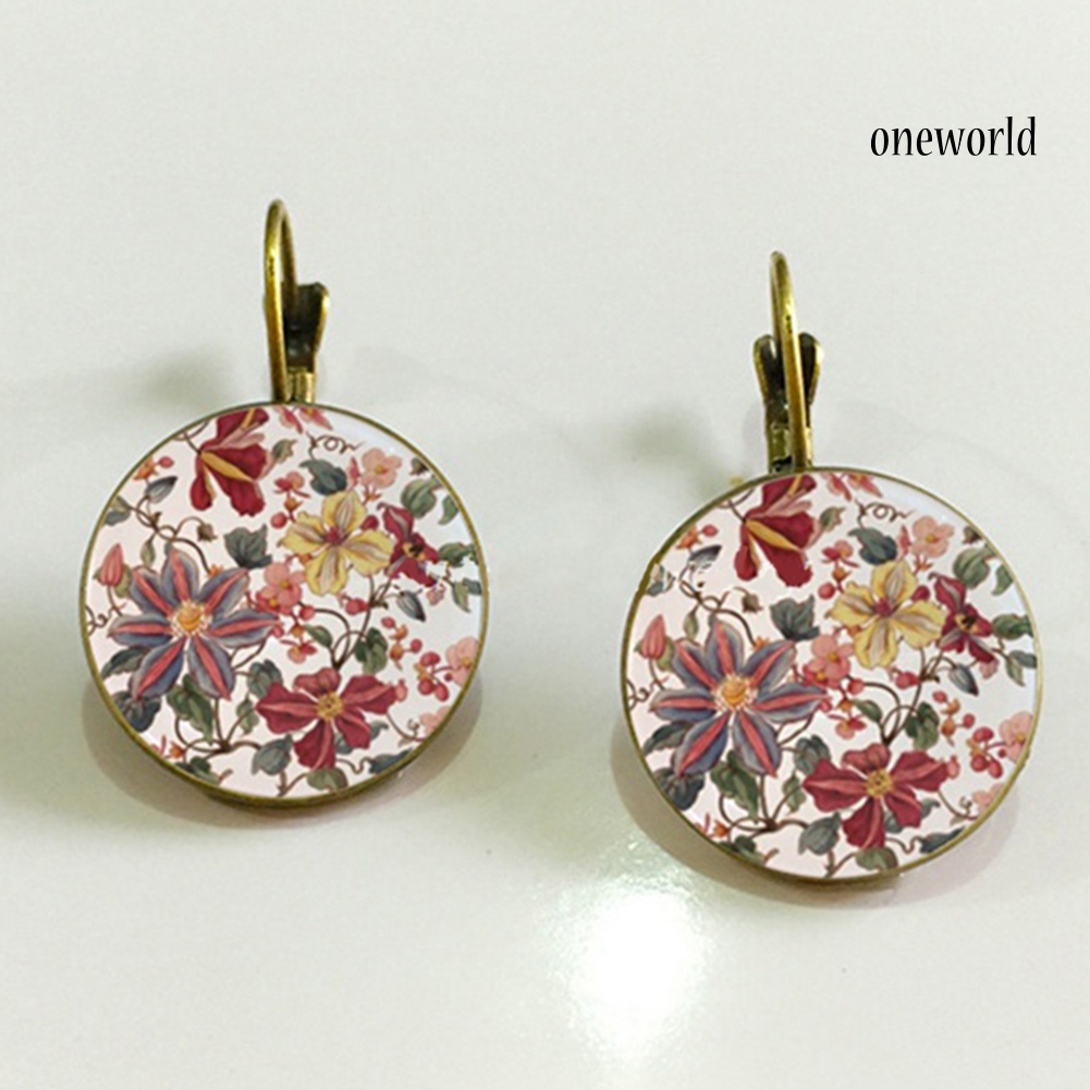 OW@ Vintage Flower Printed Round Pendant Women Leverback Earrings Party Jewelry