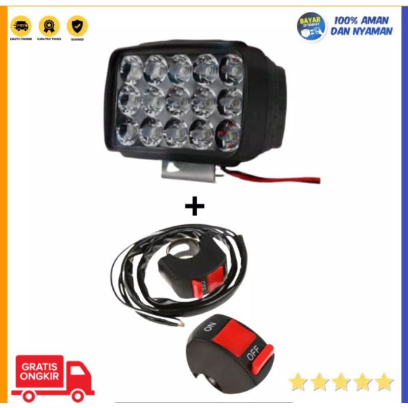 Lampu Tembak Sorot Led 15 mata + SAKLAR ON OF STANG / Lampu sorot led motor dispion