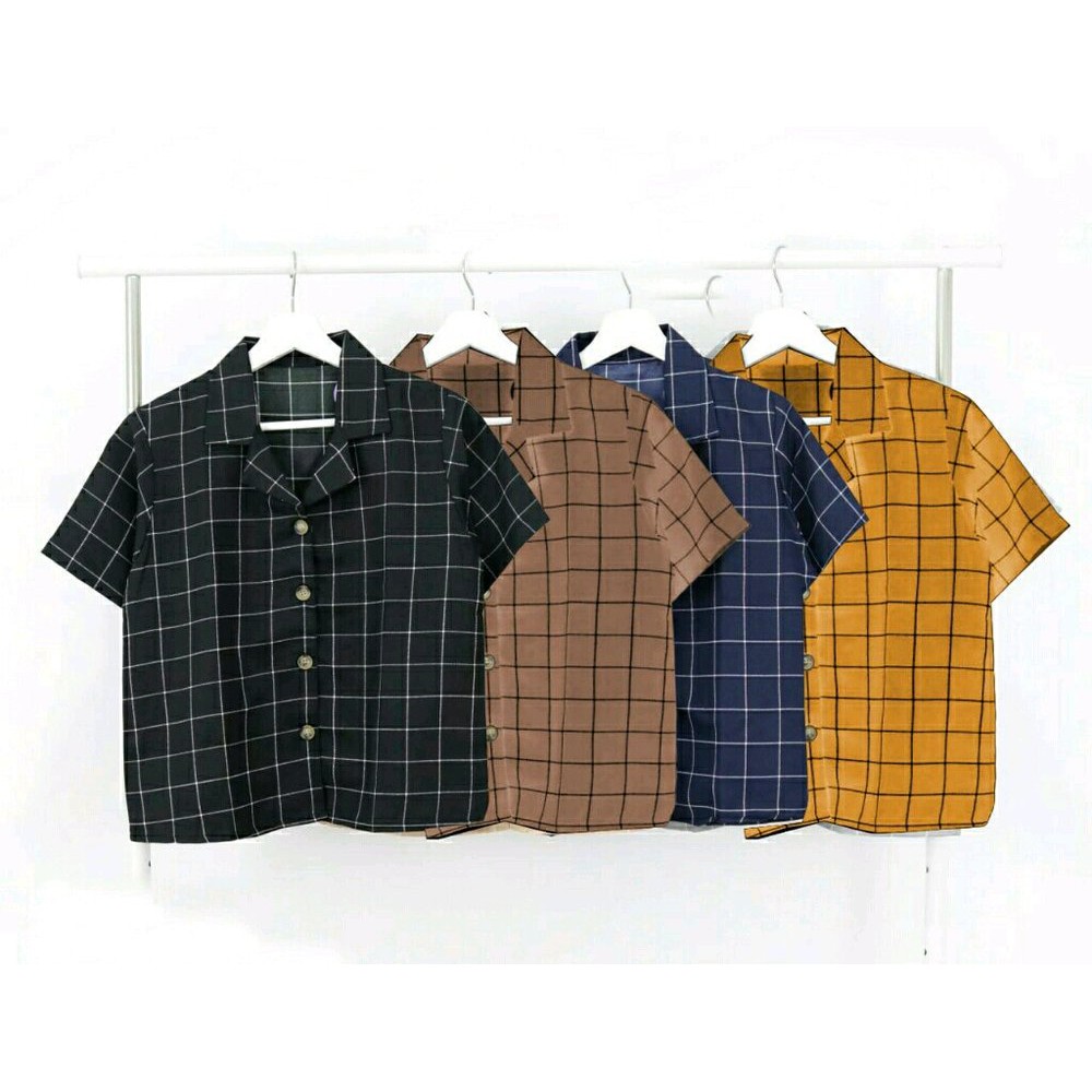 KEMEJA LENGAN PENDEK SQUARE KOTAK BAJU ATASAN WANITA NAVY HITAM MOCCA KUBUS DENEICOLLECTION
