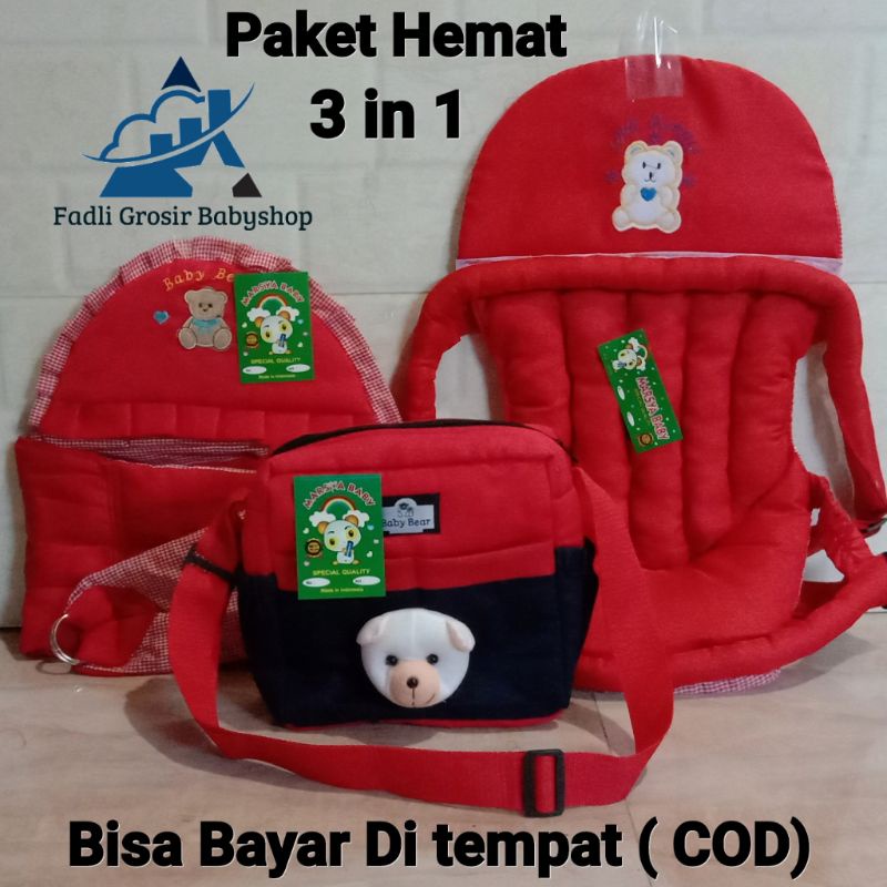 Tas Bayi Boneka Beruang Gendongan Bayi Samping Topi Bordir Dan Gendongan Bayi Depan Bordir (3 in 1)