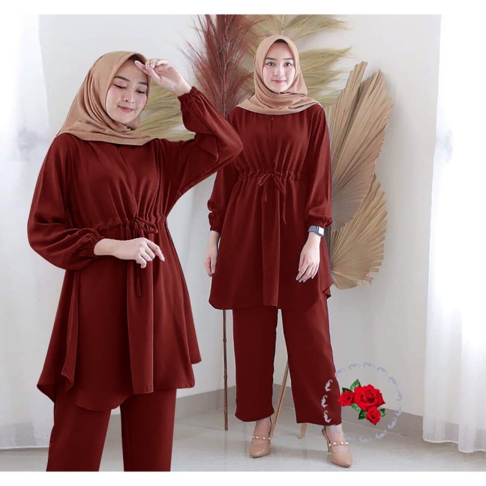 TERBARU       Setelan Tunik Baju Celana Kulot Wanita Set Casual polos Panjang-AULIYA