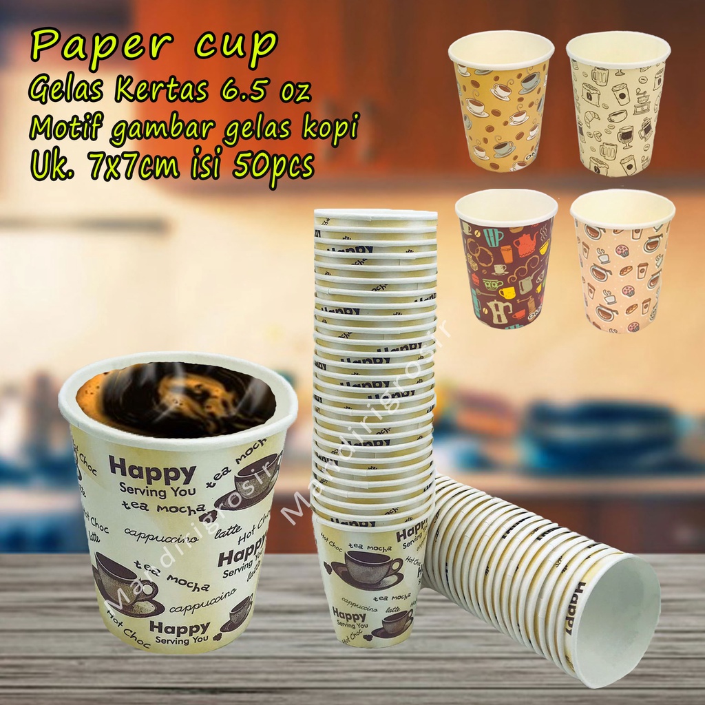 Paper cup * Gelas Kertas * Motif gambar gelas kopi * Isi 50pcs 6.5 oz