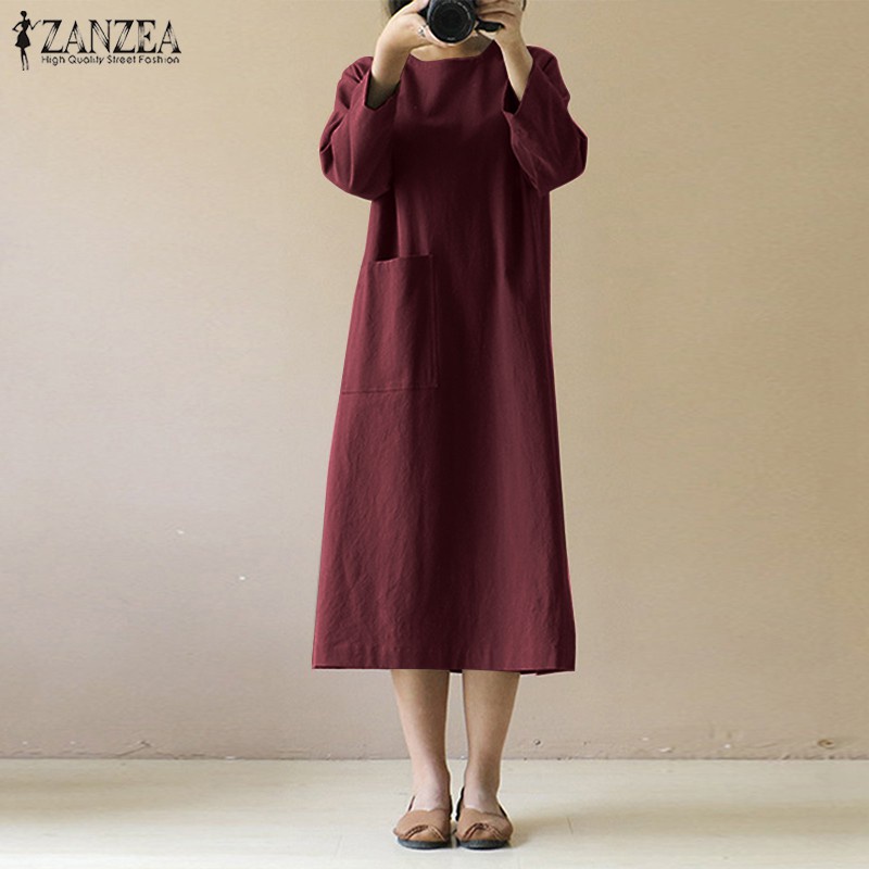 ZANZEA Womens Plus Size 3/4 Sleeve Loose Cotton Long Dress