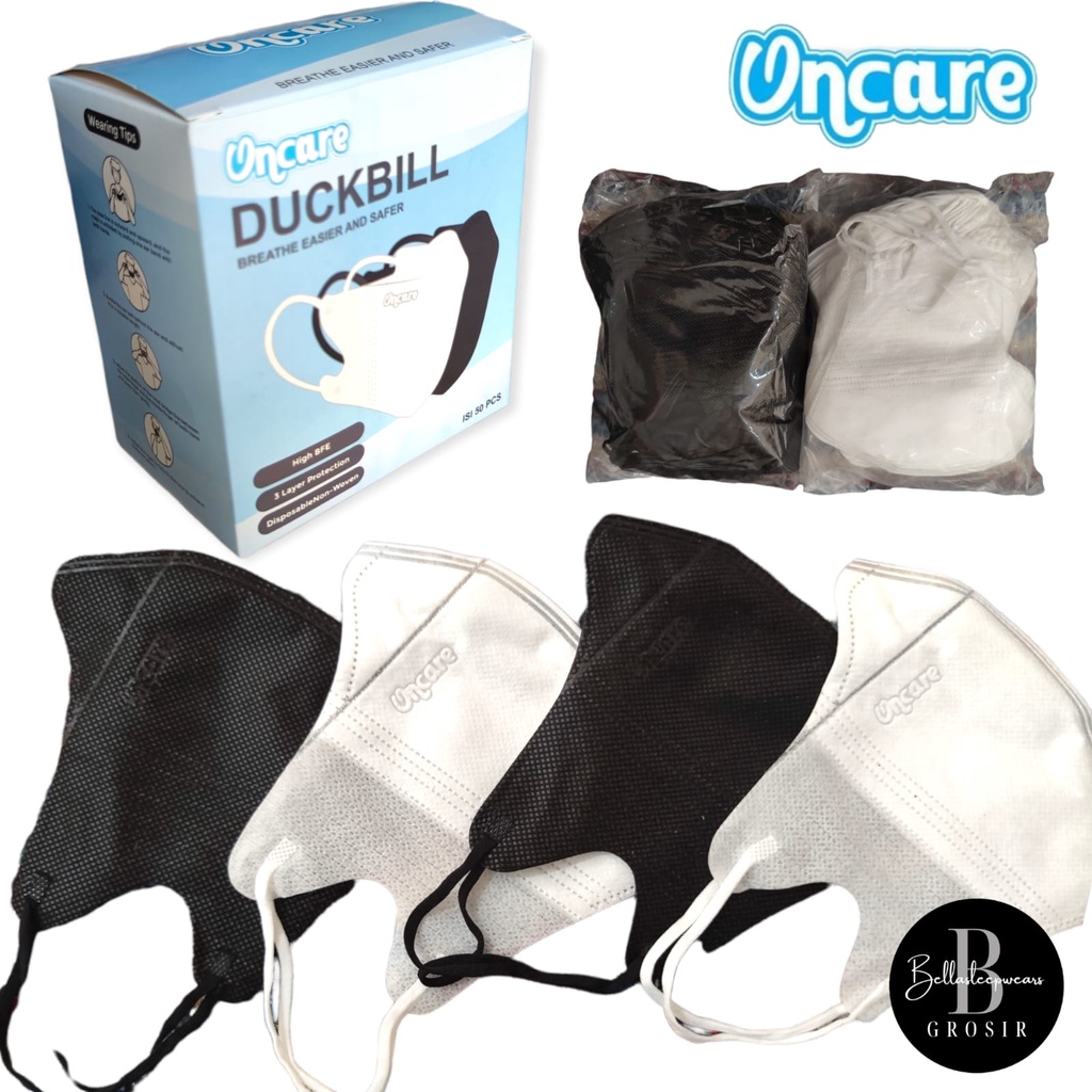 MASKER DUCKBILL ONCARE PREMIUM 3PLY EMBOS GARIS PUTIH &amp; HITAM ABU GREY WARNA | GRADASI - FACE MASK