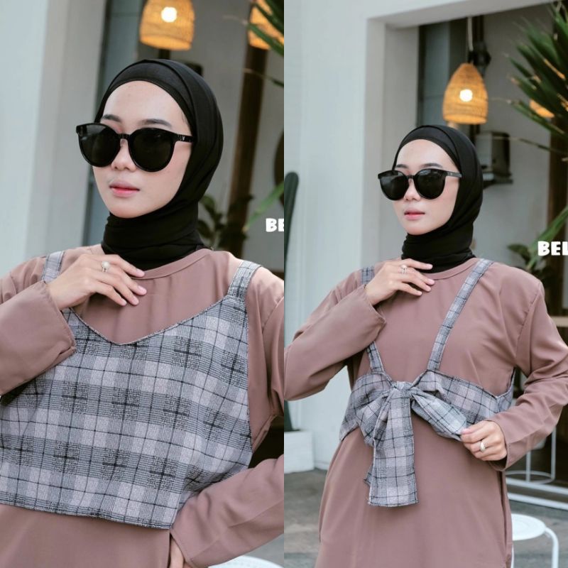BLOUSE Bisa COD/Bayar ditempat/Gratis Ongkir  || Blouse TARTAN LENGAN BALON MIZU KOREAN STYLE | KEMEJA FLANEL WANITA NUMMA/KEMEJA CROP LENGAN PANJANG TARTAN-Bella Vest Nude