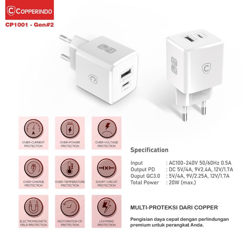 COPPER CP1015 CP1001-EU Charger PD+Qualcomm 20W