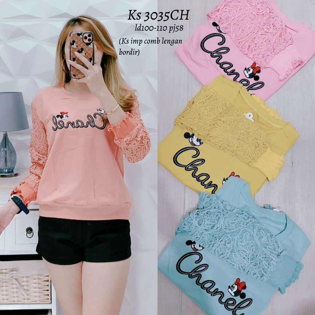 ATASAN KAOS WANITA IMPORT BAJU FASHION CHANEL LENGAN PANJANG BORDIR KAOS WANITA IMPORT MURAH 3035