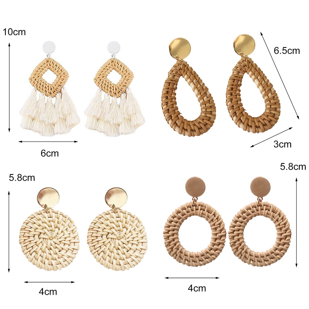 Hu Hu Hu Hu Hu Alat Bantu Pasang Kacamata♡ 4 Pasang Anting Rumbai Geometris Bahan Rotan Handmade Gaya Bohemian Untuk Wanita