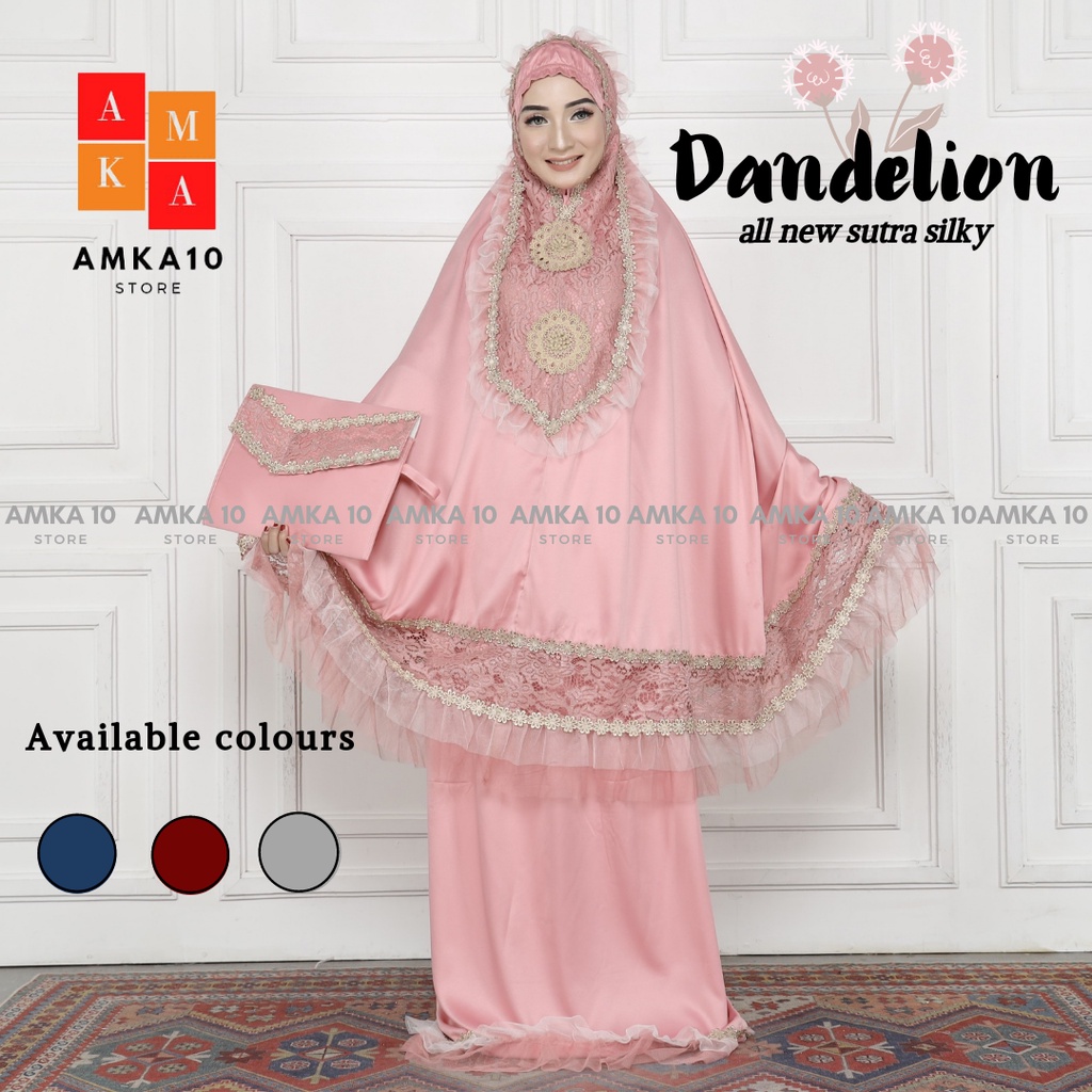 MUKENA MEWAH DEWASA DANDELION SUTRA SILKY BROKAT TILE RENDA GIPPER IMPORT FREE TAS TRAVEL BY AMKA10