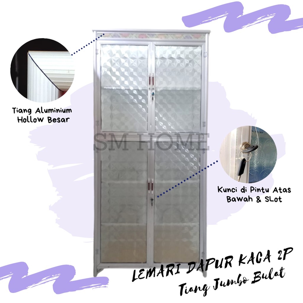 Rak Piring Lemari Dapur 2Pintu Full Kaca Full Box Tiang Jumbo BAWAH KERAMIK FULL ALUMINIUM Rak Dapur