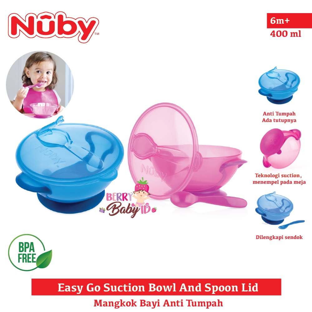 Nuby Easy Go Suction Bowl &amp; Spoon Mangkok Travel Makan Bayi Anak Berry Mart