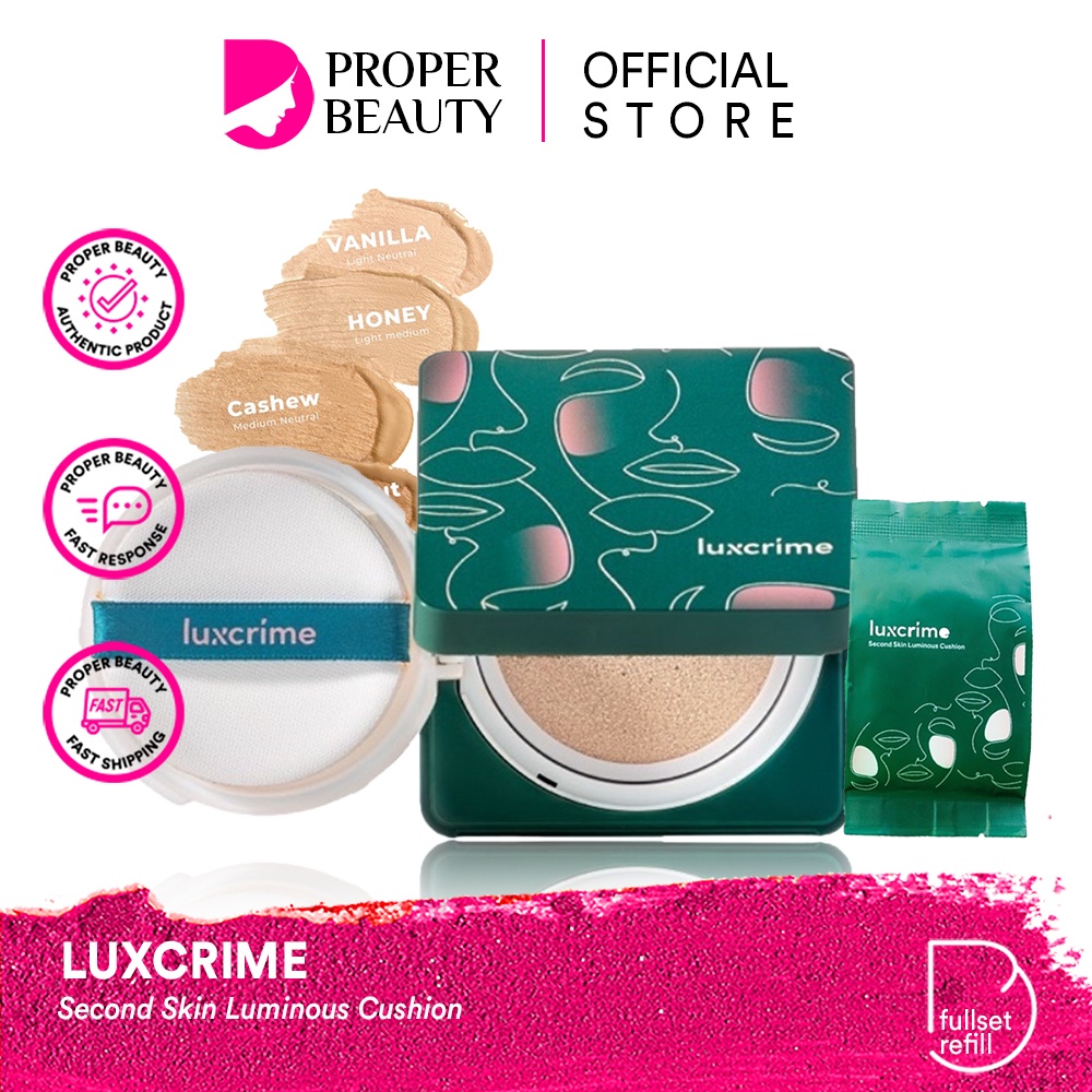 LUXCRIME Second Skin Luminous Cushion Indonesia / Blur &amp; Cover Two Way Cake Limited Edition Compact Powder Perfect Canvas Primer Setting Spray Ultra Light Lip Stain Lipmatte Lipstick Mud Mask Stay Eyeliner Eye Brow Pencil Pensil Alis / TWC Refill Custard