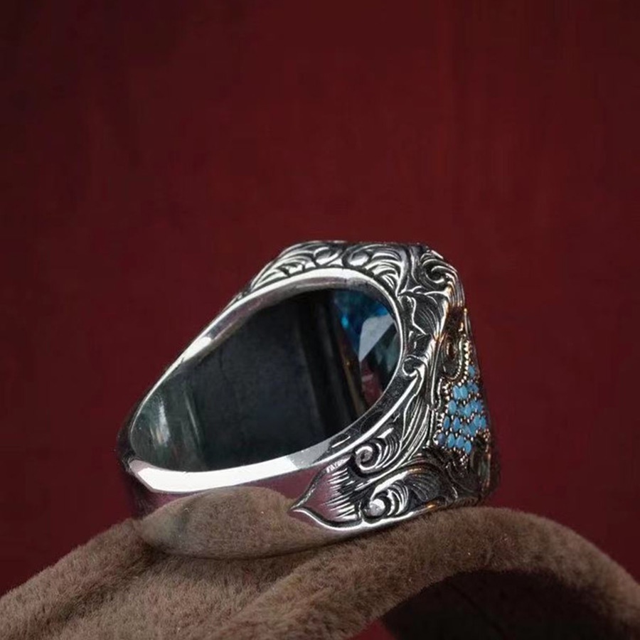 Safir Cincin Pria Bahan Silver Murni S925 Hias Kristal Berlian Imitasi Gaya Punk