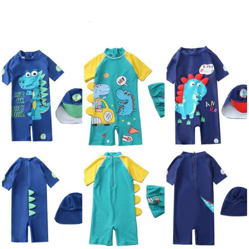 Baju Renang Anak Bayi Baby Balita Boy Laki Cowok Colourful Dino Swimsuit 1 2 3 Tahun Dinosaurus