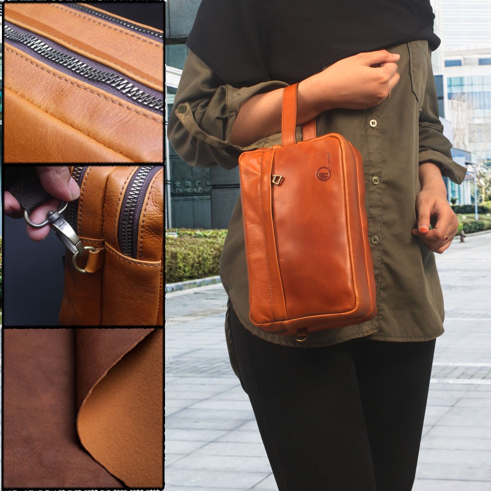 POUCH 2 KULIT ASLI PREMIUM TAS KULIT 3 FUNGSI PEMAKAIAN BERBEDA HANDBAG SLING BAG DAN POUCH 2