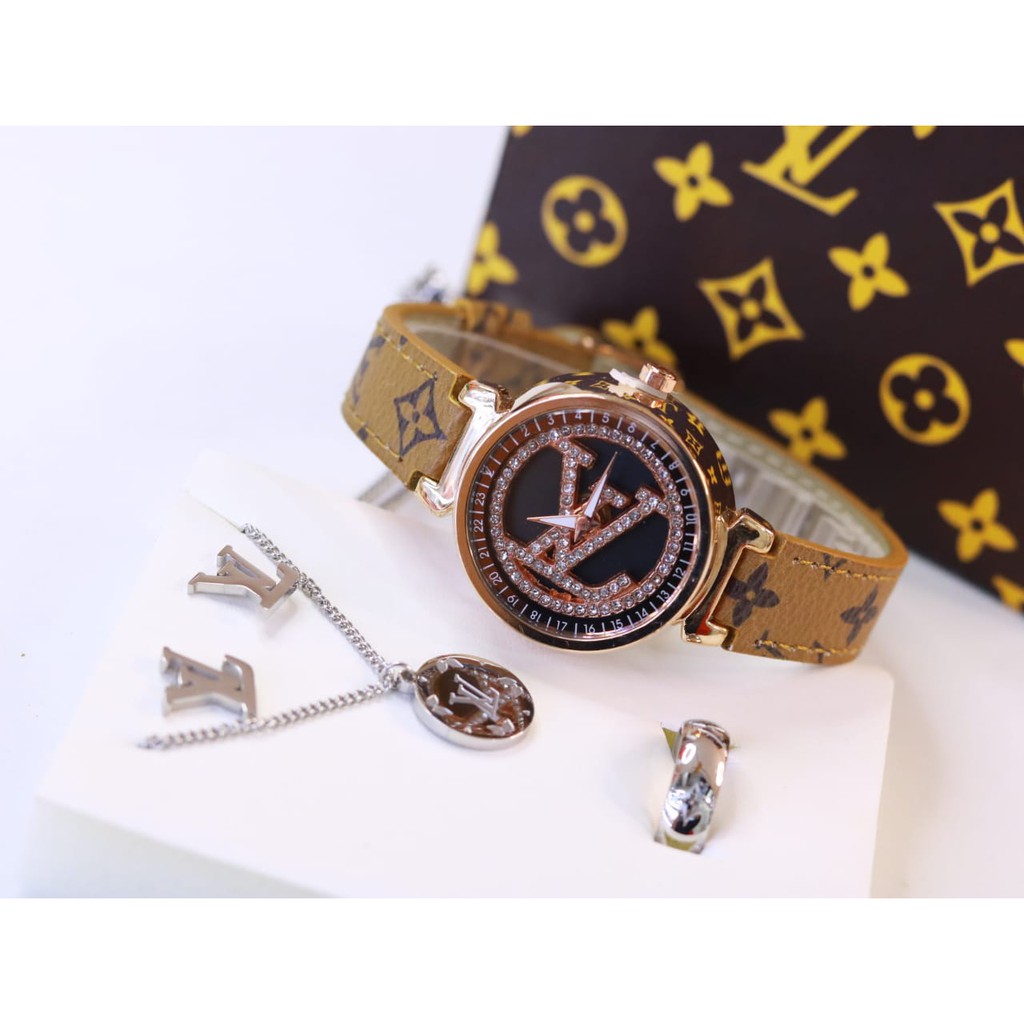 ( COD ) Jam Tangan Wanita Full Set Paket Louis Vuitton / LV Putar Strap Kulit Free Accessories