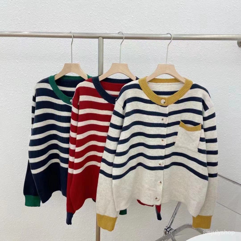 #Sisjuly# Wanita Striped Button Cardigan Longgar Preppy Lengan Panjang Jaket Sweater Rajut