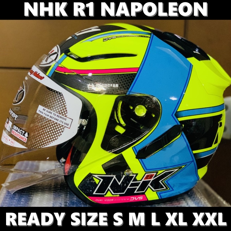 Helm NHK R1 Napoleon Yellow Fluo Blue Double Visor Half Face - Helem Motor SNI DOT Touring Dewasa Pr