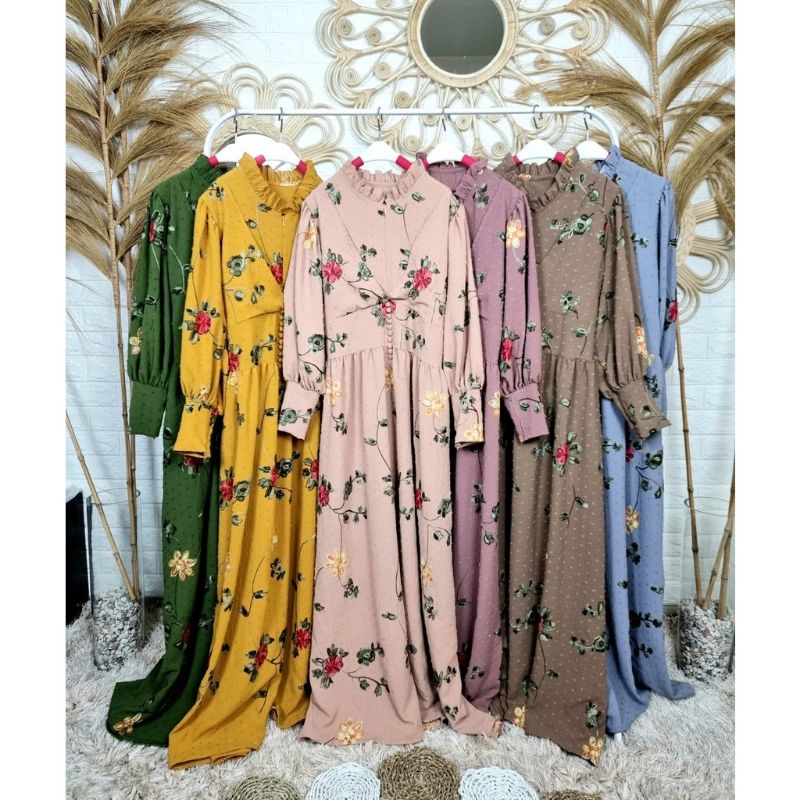 Gamis Mejiwang Crinkel Rubi Bordir Bunga Lesti Milo