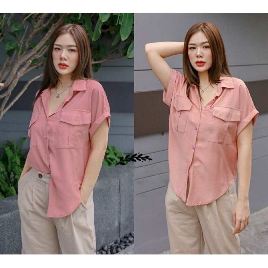 Tq88indonesia Fashion Baju Kemeja  Wanita Lengan Pendek Terbaru / Kem Miki / Hem Polos Katun Cewek / Ootd / Busana Santai Wanita / Kemeja Putih Wanita