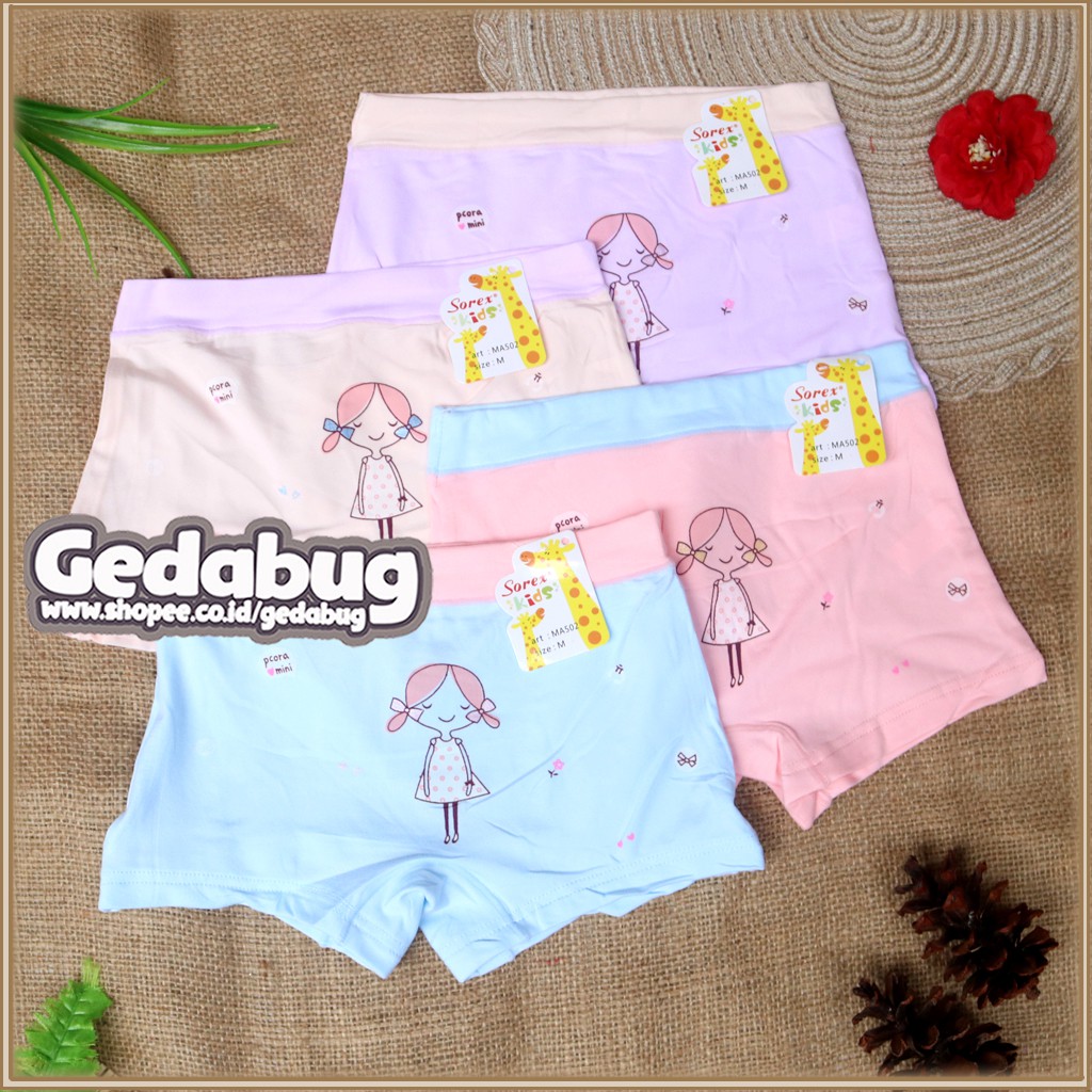 6 pcs CD Sorex Kids MA 502 Boxer Anak Perempuan Super Soft motif lucu | CD SK MA502 Gedabug